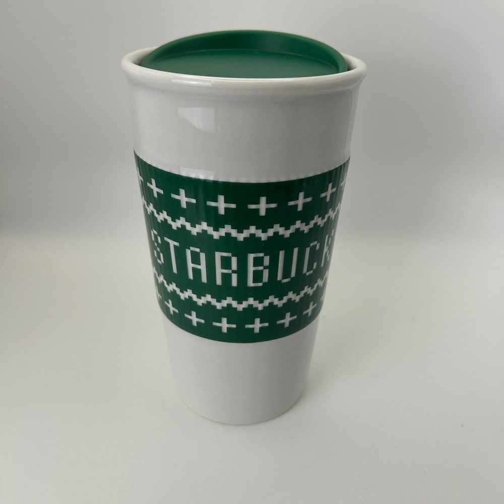2016‎ Starbucks Ceramic Travel Mug 10 oz Green Holiday Fair Isle With Lid